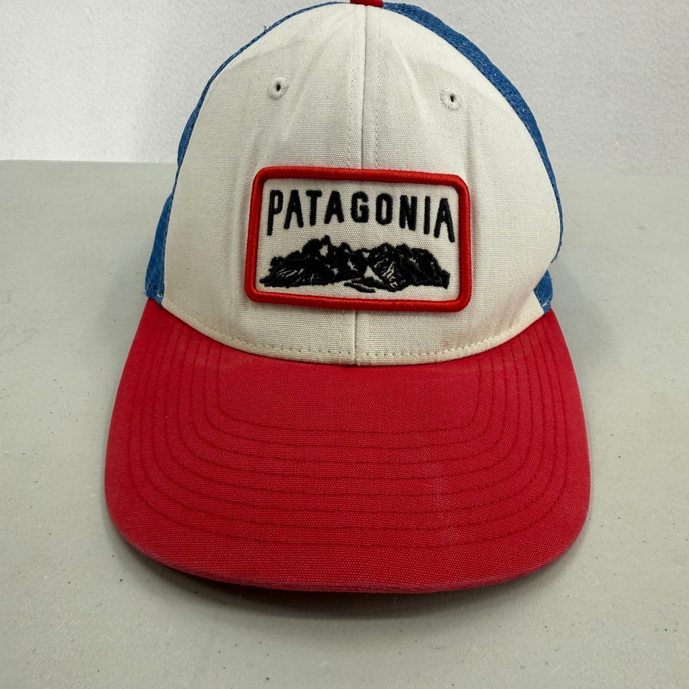 Patagonia Trucker Patch Hat White Red Blue Fitz Roy Mountain Mesh Snapback